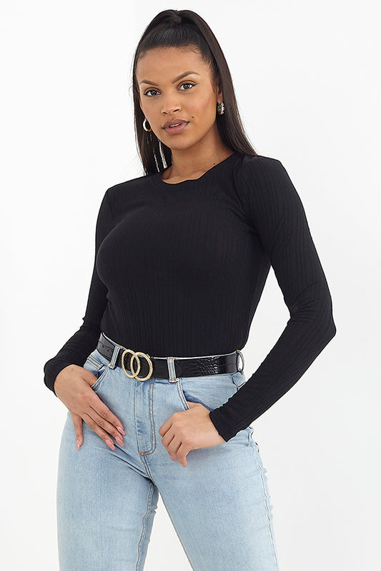 Plain Black Long Sleeve Crew Neck Ribbed Top