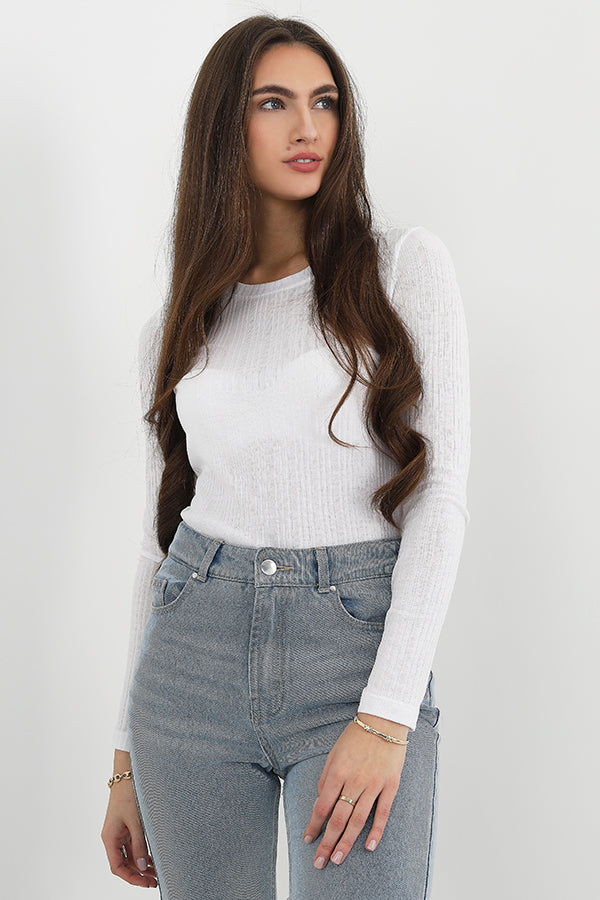 Plain White Long Sleeve Crew Neck Ribbed Top