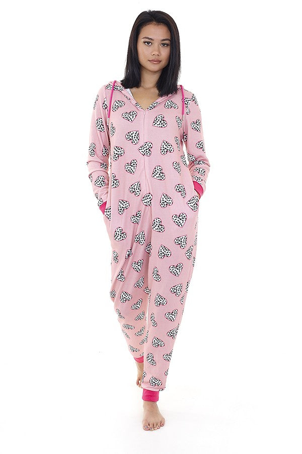 Pink Slim Heart Print Zip Through Onesie