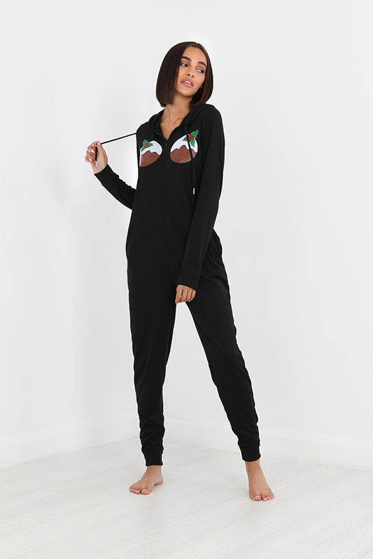 Black Christmas Pudding Print Jersey Onesie