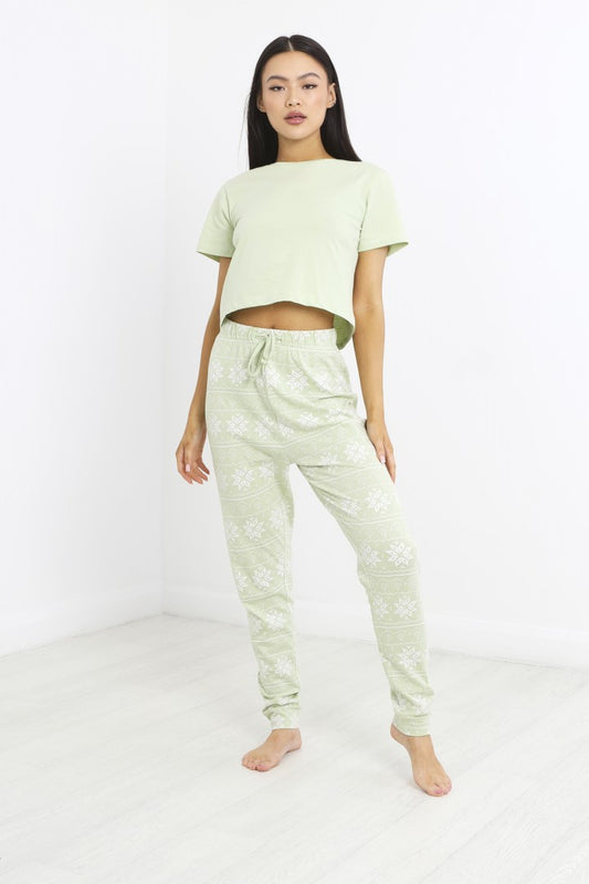 Sage Christmas Fairisle Snowflake Print Pyjama Set