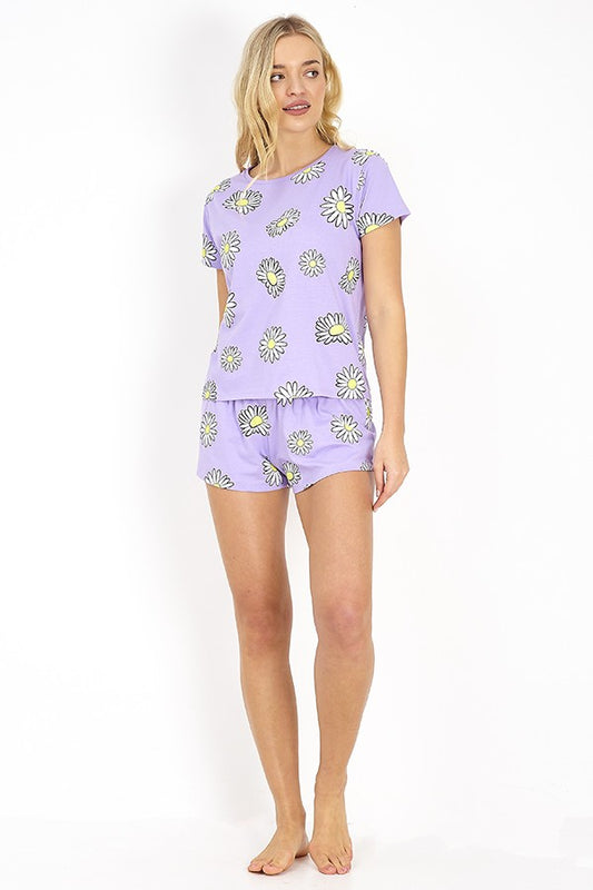 Lavender Daisy Printed Top And Shorts Pyjama Set