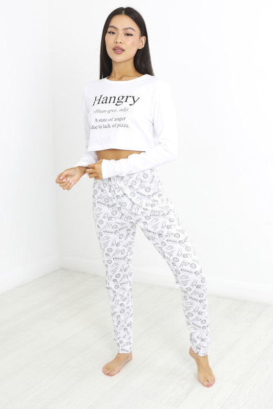 White 'Hangry' Print Cropped Jersey Pyjama Set