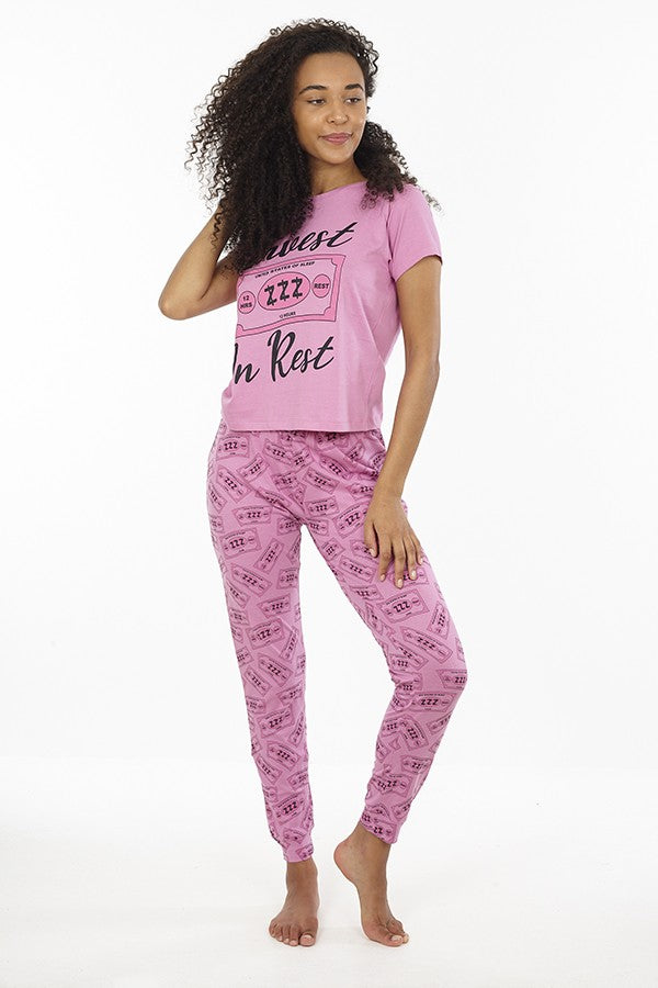 Pink 'Invest In Rest' Slogan Tee And Trouser Pj Set