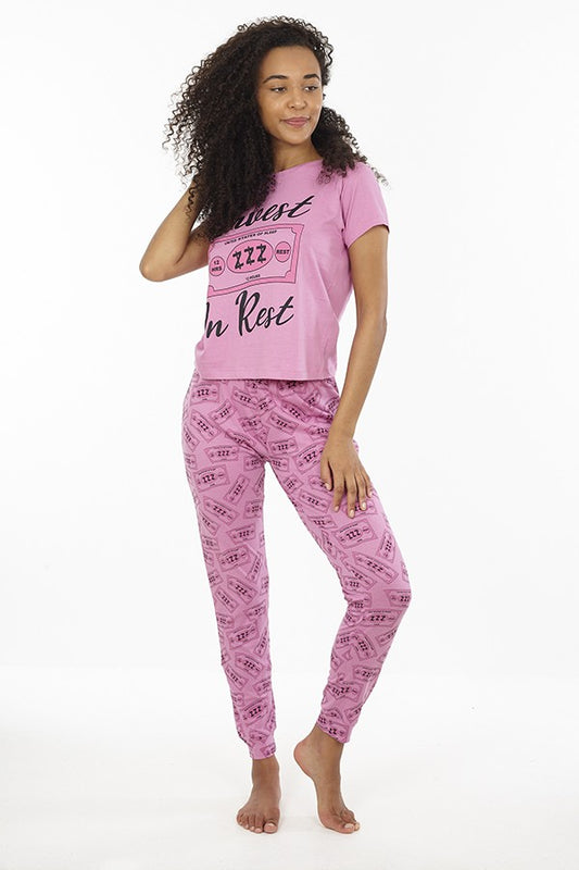 Pink 'Invest In Rest' Slogan Tee And Trouser Pj Set