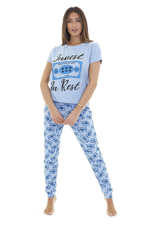 Blue Money Printed T-Shirt And Trouser Pyjama
