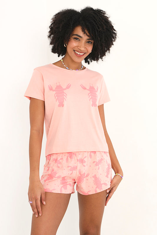 Peach Lobster Print Shorts And Tee Jersey Pyjama Set