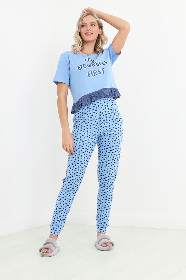 Blue Love Yourself First Print Pyjama Set
