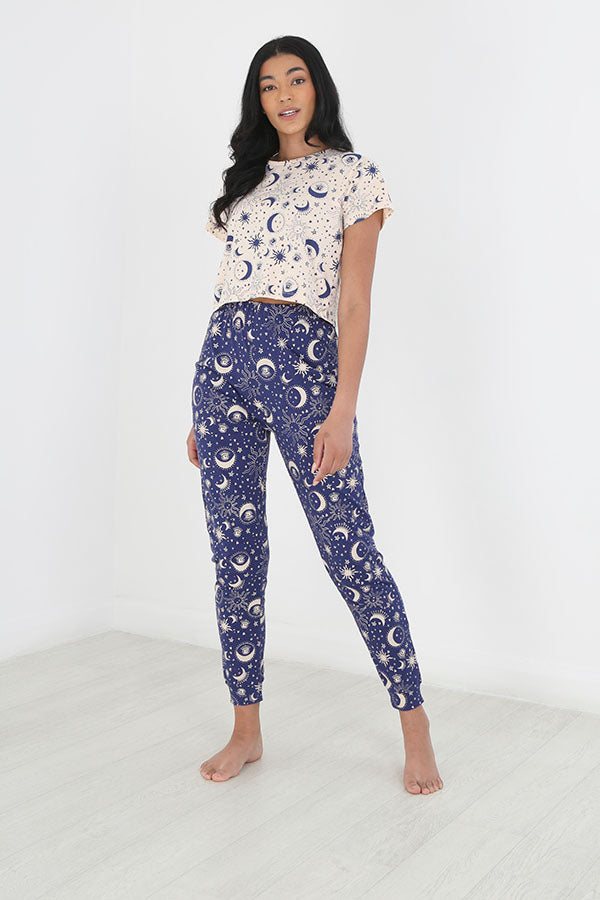 Navy Moon Print Cropped Tee And Trouser Pyjama Set