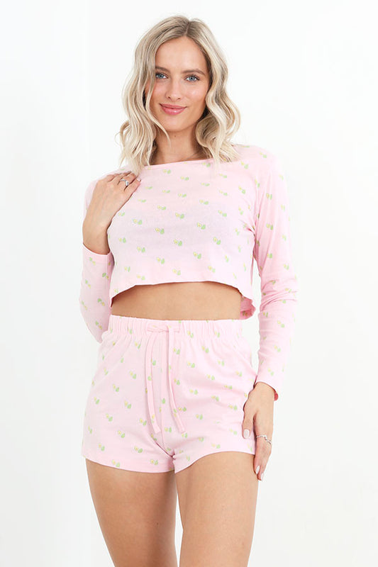 Pink Micro Avocado Print Cropped Pyjama Set