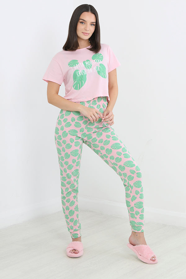 Slogan And Leaf Print Cropped Jersey Pyjama Set