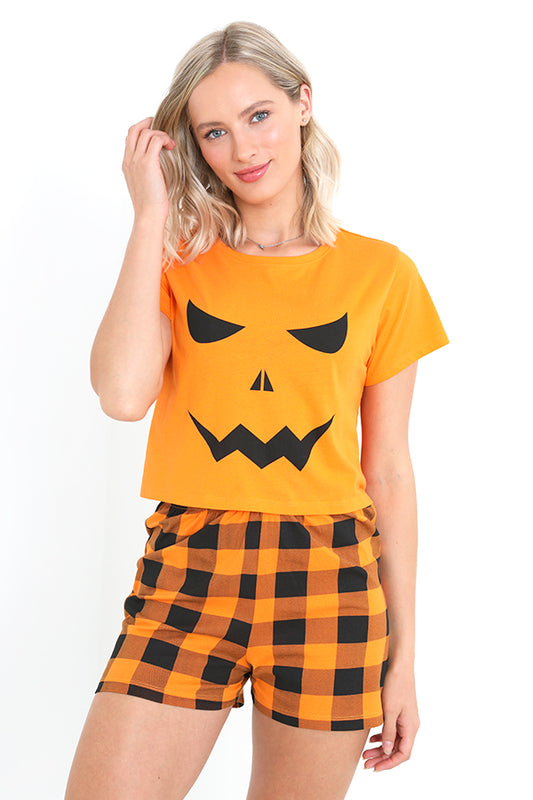 Pumpkin Print T-Shirt And Shorts Pyjama Set