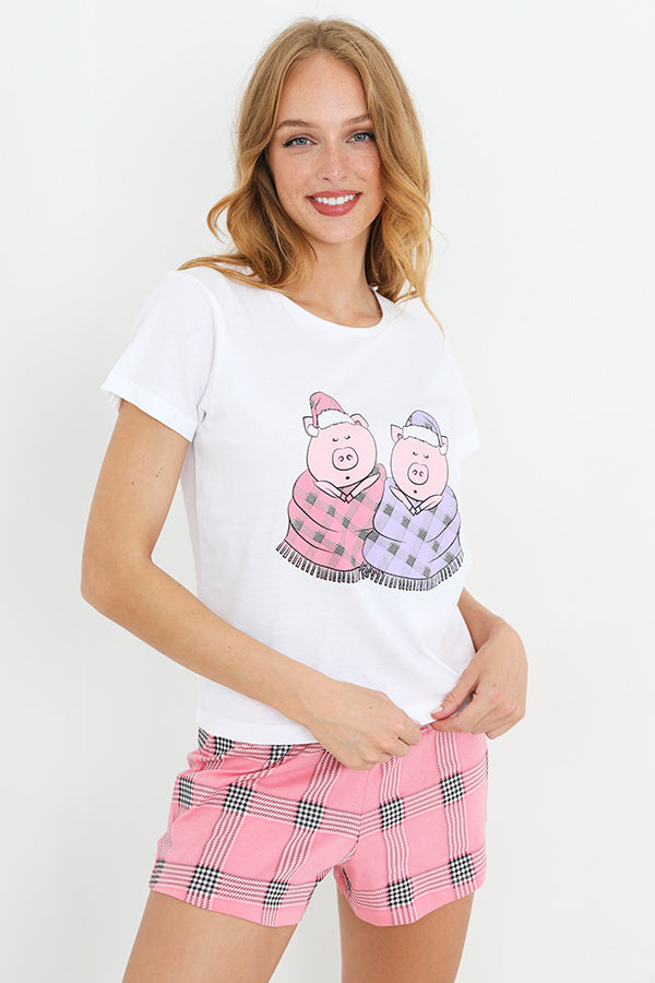 Pigs In Blankets Checked Christmas Print Pj Set