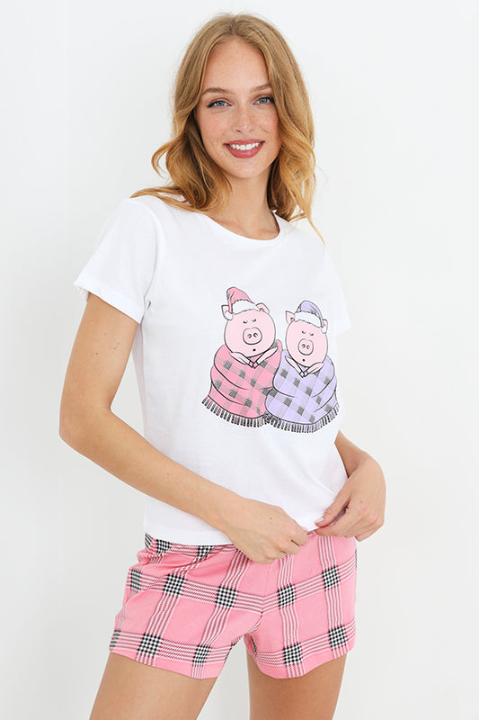 Pigs In Blankets Checked Christmas Print Pj Set