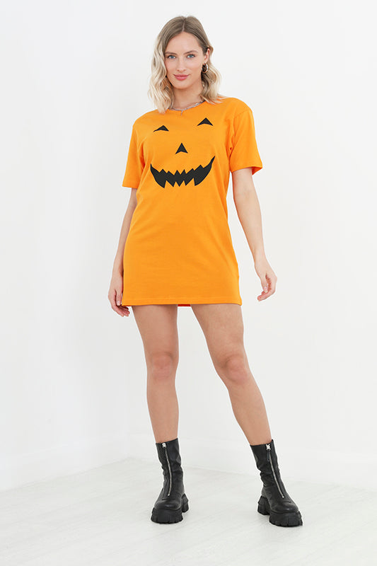 Orange Pumpkin Print Halloween T-Shirt Dress