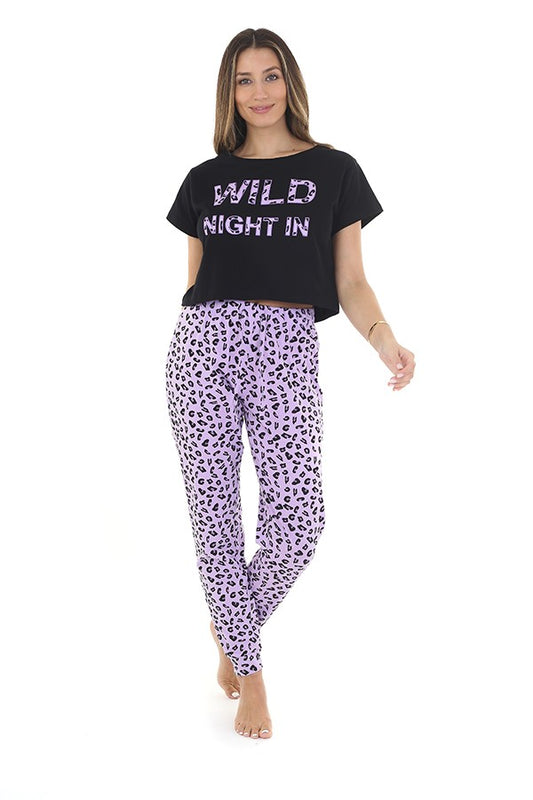 Wild Night In' Slogan T-Shirt And Trouser Pyjama Set