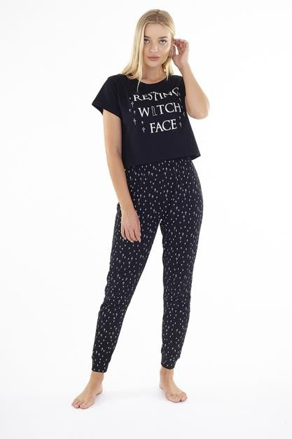 Halloween Resting Witch Face Slogan Print Pyjama Set