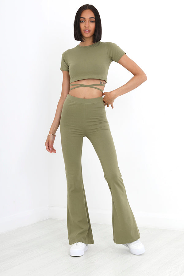 Khaki Tie Detail T-Shirt And Flares Lounge Set