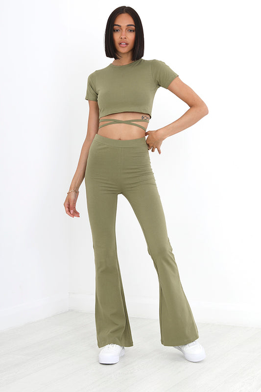 Khaki Tie Detail T-Shirt And Flares Lounge Set