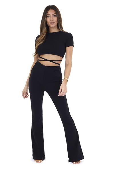 Black Open Back Top And Flare Trousers Lounge Set