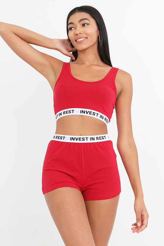 Red Invest In Rest Slogan Crop Vest And Shorts Set