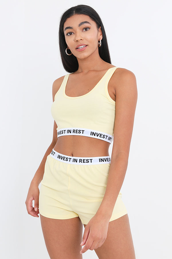Yellow Invest In Rest Slogan Crop Vest And Shorts Set