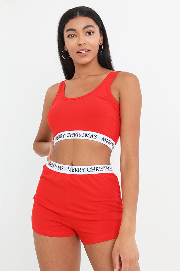 Red Merry Christmas Slogan Crop Vest And Shorts Set