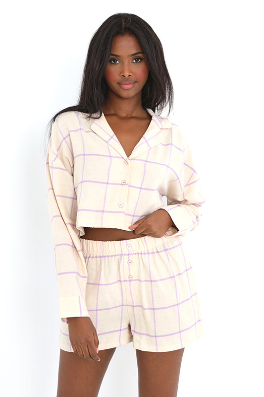 Woven Grid Print Crop Shirt And Shorts Lounge Set