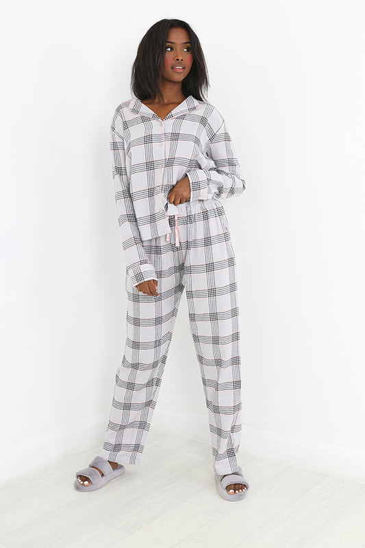 Grey And Pink Check Long Sleeve Woven Pyjama Set