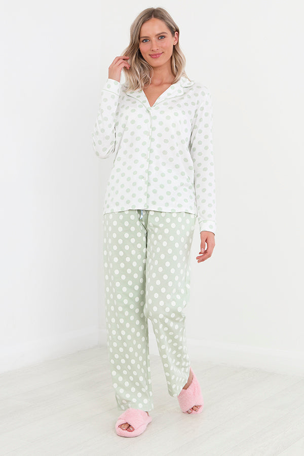Sage Button Through Polka Dot Print Jersey Pj Set
