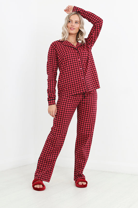 Wine Gingham Print Button Through Jersey Pyjama Set