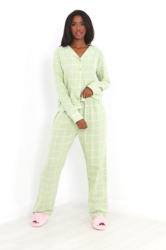 Mint Green Long Sleeve Grid Print Woven Pyjama Set
