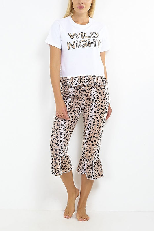 Slogan Leopard Print Frilled Pyjama Set