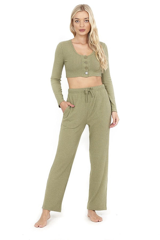 Ribbed Khaki Tpiece Loungewear Set