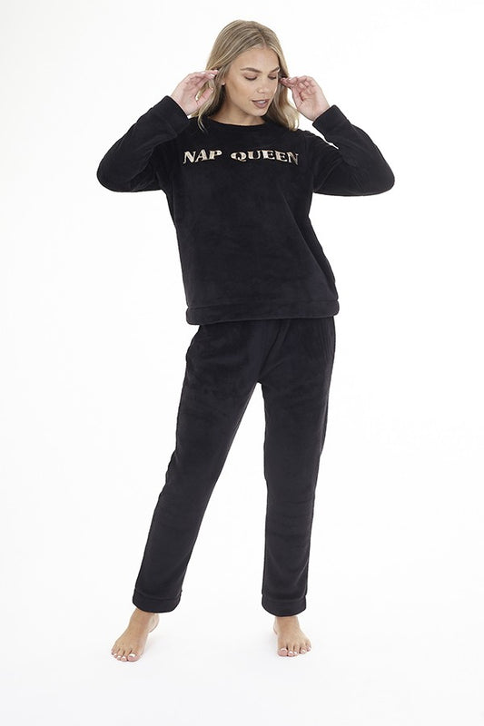 Nap Queen Slogan Embroidered Fleece Pyjama Set