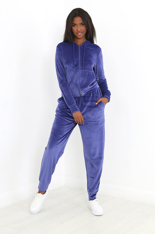 Blue Zip Hoodie And Joggers Velour Loungewear Set