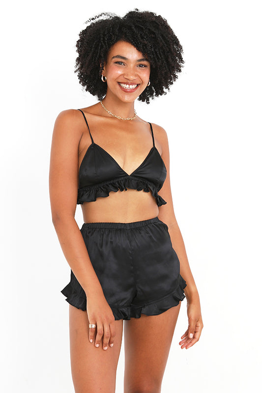 Black Frill Detail Satin Short Pyjama Set