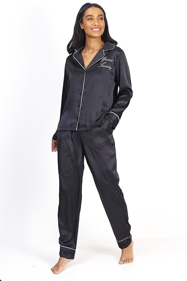 Slogan Detail Black Satin Pyjama Set