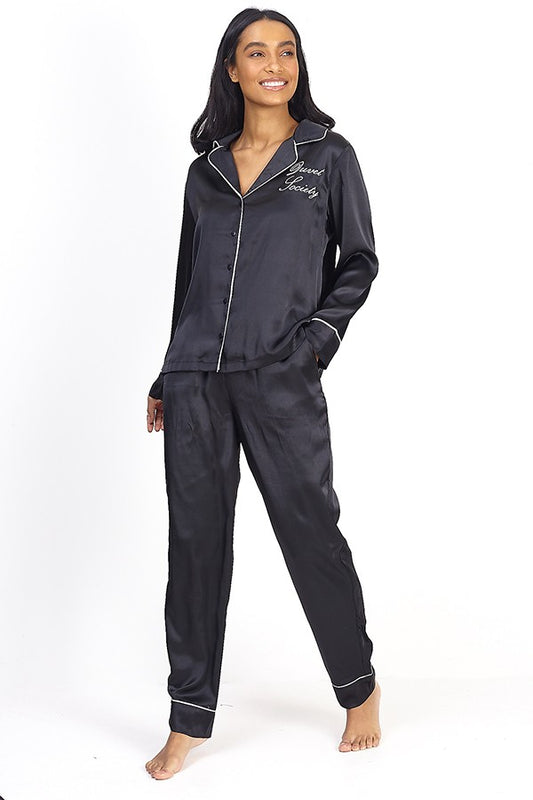 Slogan Detail Black Satin Pyjama Set