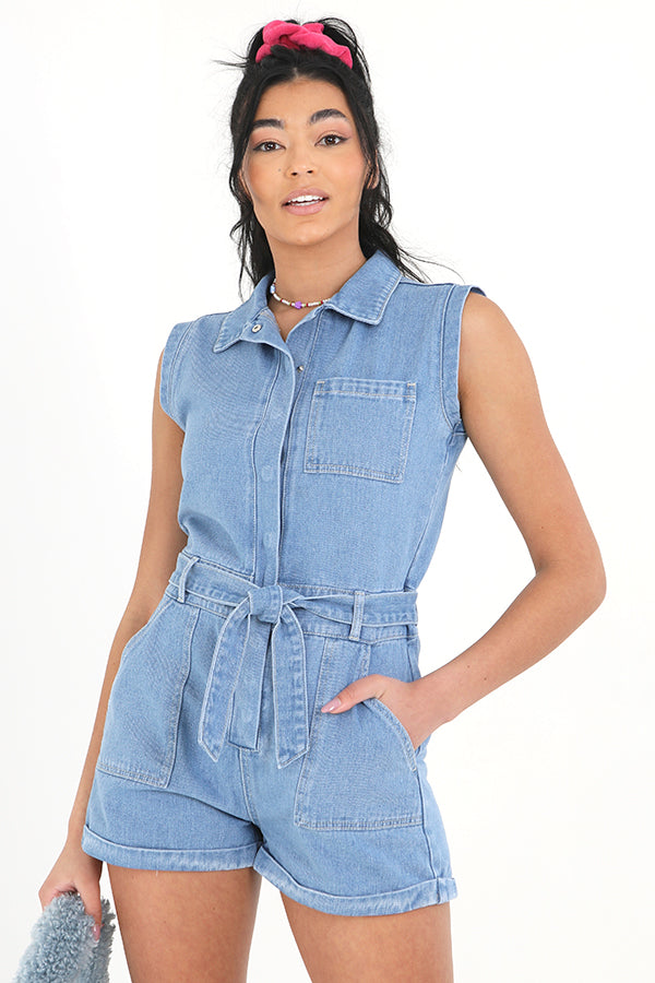 Pale Blue Sleevless Belted Denim Playsuit