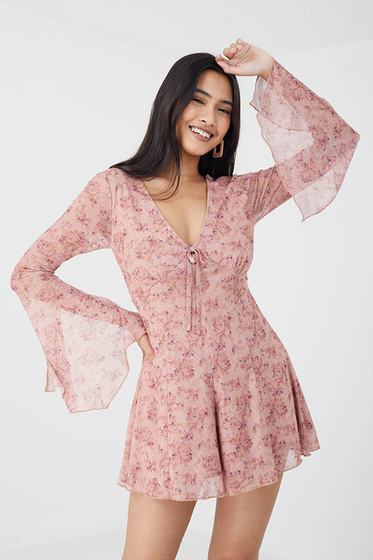 Mesh Floral Prin V-Neck Long Sleeves Mini Playsuit