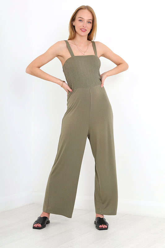 Plain Khaki Shirred Wide Leg Jumpsuit