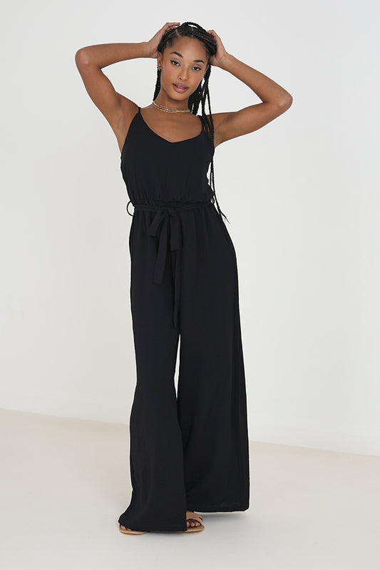 Black Strappy Tie Waist Wide Leg Jumpsuit
