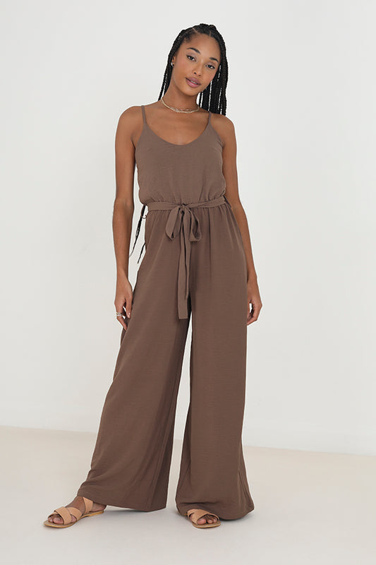 Brown Strappy Tie Waist Wide Leg Jumpsuit