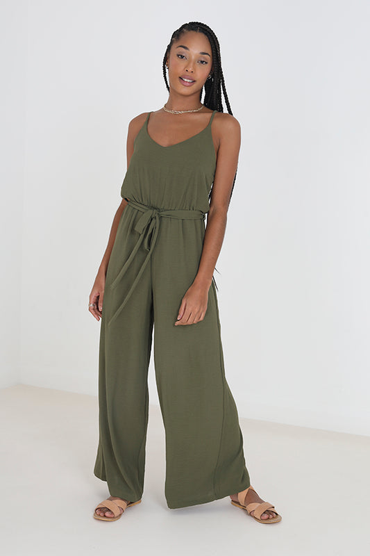 Khaki Strappy Tie Waist Wide Leg Jumpsuit