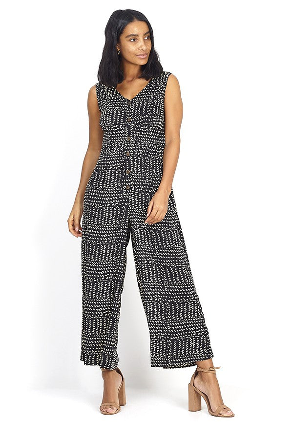 Monochrome Abstract Print Wide Leg Jumpsuit