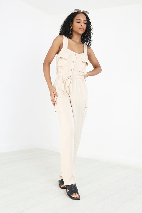 Beige Button Through Tie Waist Pocket Detail Jumpsuit