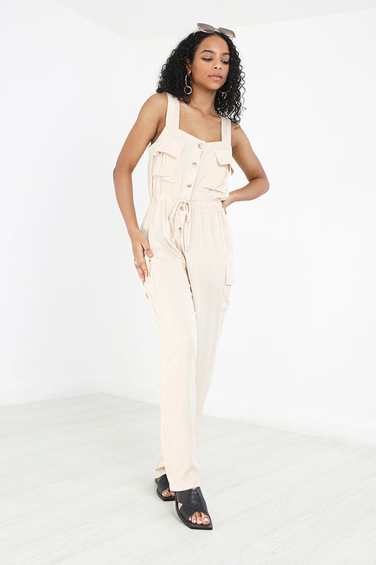 Beige Button Through Tie Waist Pocket Detail Jumpsuit