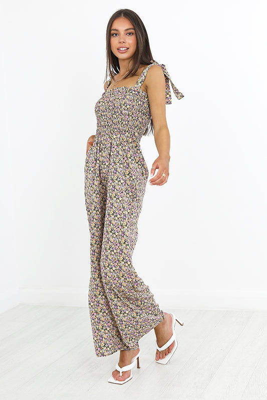 Multi Floral Shirred Bust Tie Strap Jumpsuit