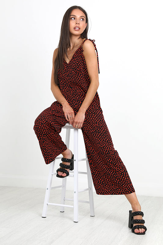 Red Spot Print Spaghetti Strap V-Neck Jumpsuit
